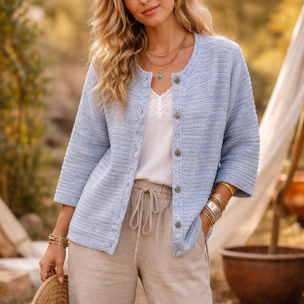 J.Jill Cotton Knit Cardigan Collarless Blue White 3/4 SLEEVES SIZE XL